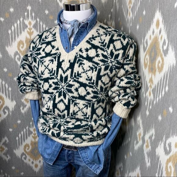 Ralph Lauren Vintage 1990 Hand-knit Polo Country Green Snowflake Sweater - Picture 15 of 16